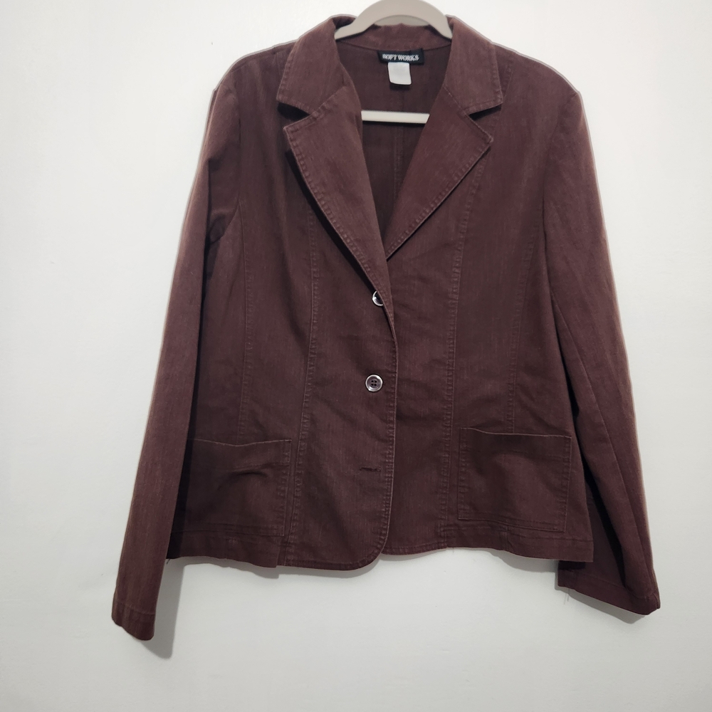 Vintage Softworks Brown Cotton Spandex Blazer Jacket Size 14 Two Button Workwear
